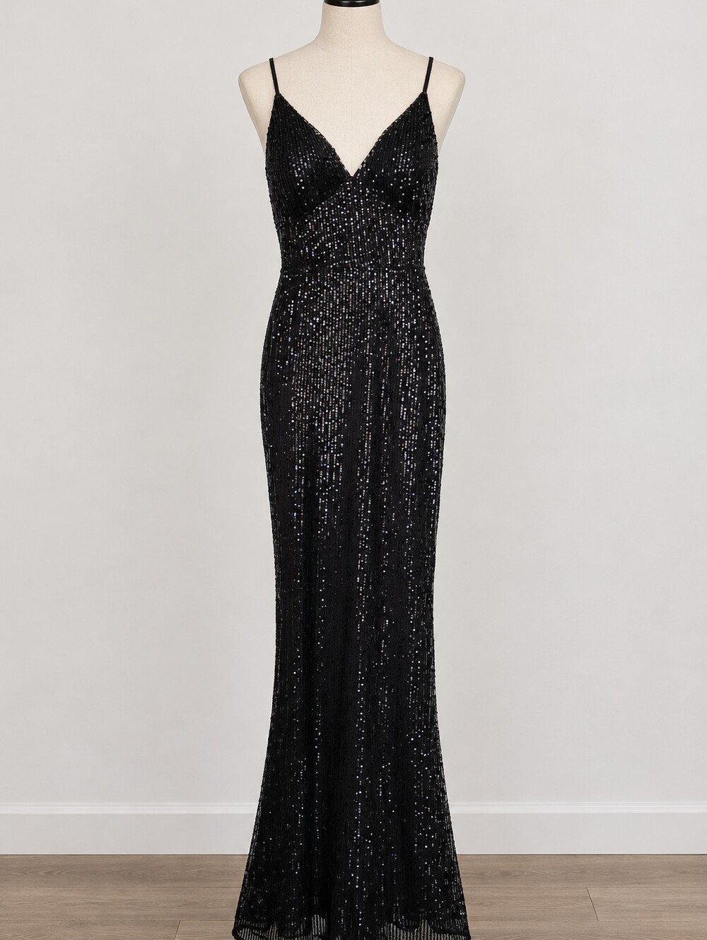 NWT black sequin floor length mermaid hem dress